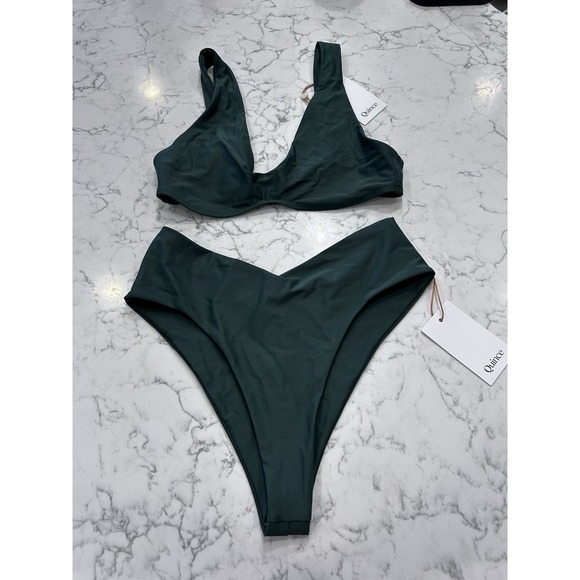 Quince Other - NWT Quince Palm Green Italian Plunge Bikini Top & V Cut Dipped High Rise Bottom